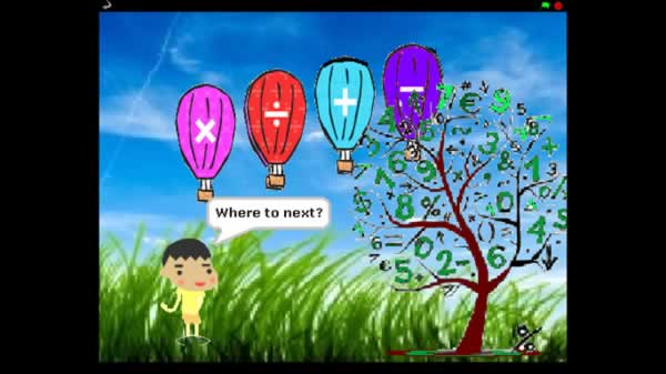 Where to next? Click to go to item Image of balloons with mathematical symbols floating past a tree with numbers for leaves, and a boy saying Where to next?